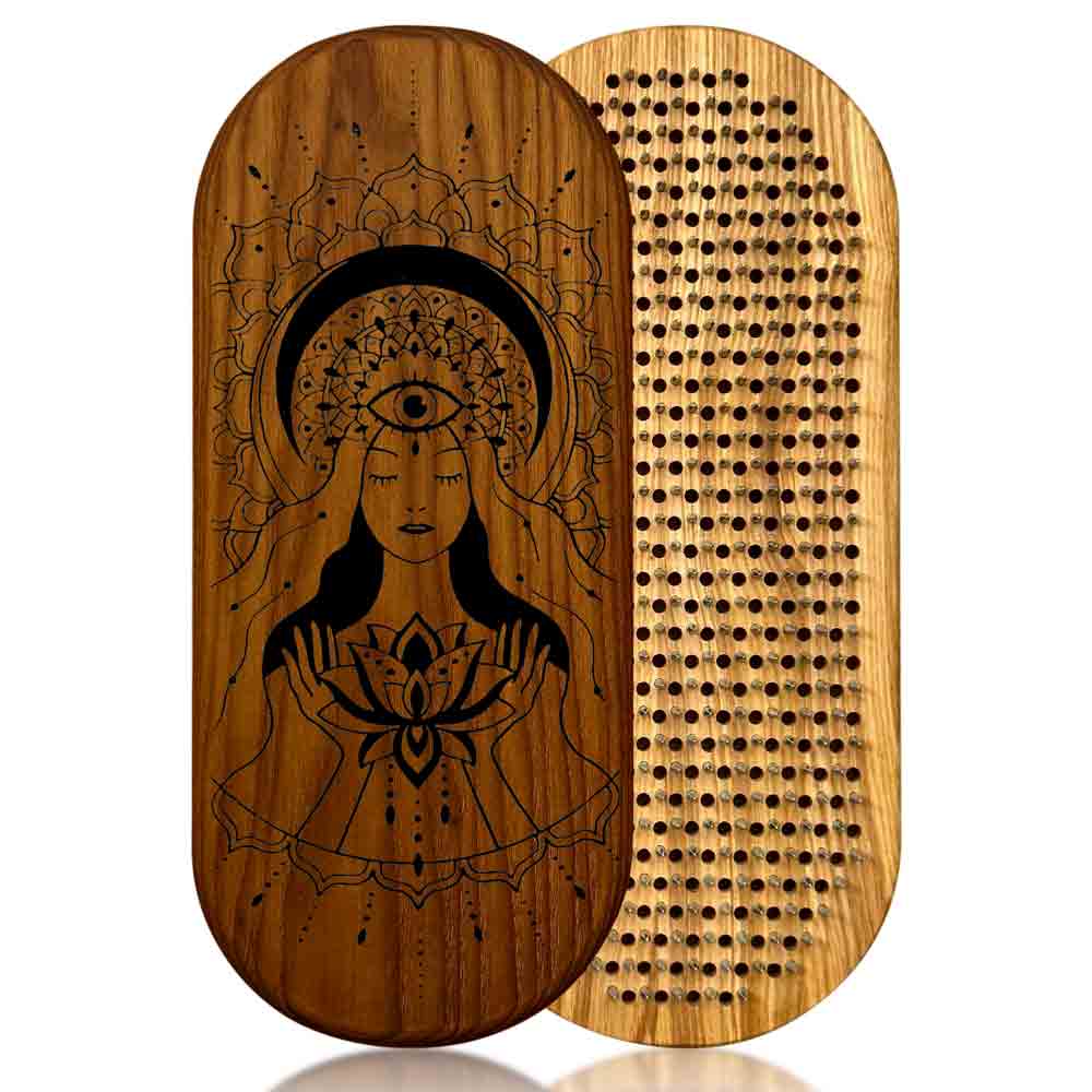 sadhu board from ash and thermo ash with goddess engraving on a white background.