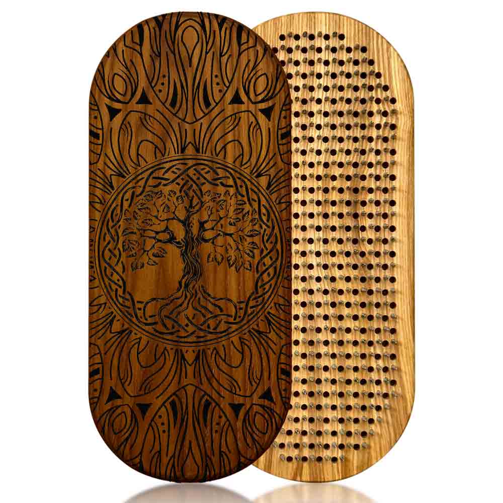 sadhu board from ash and thermo ash with tree of life and mandala engraving on a white background.