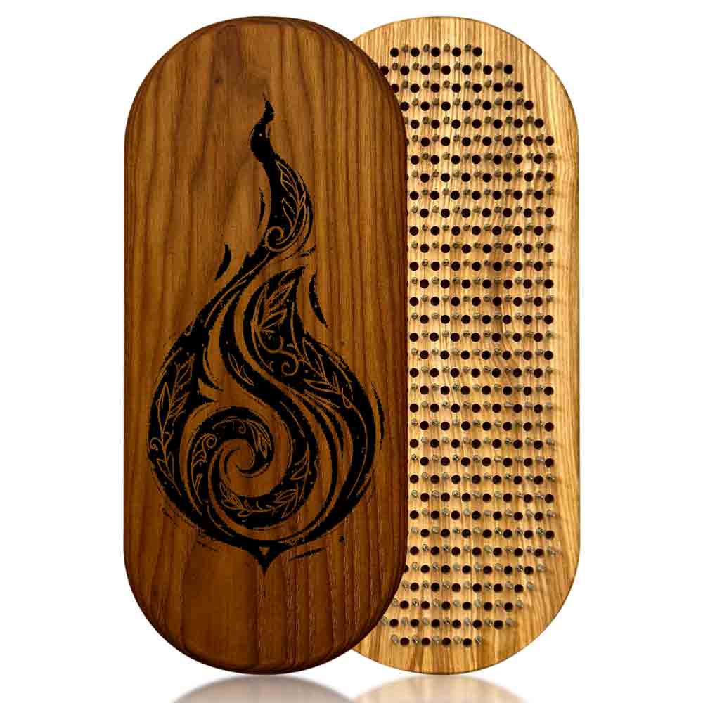 sadhu board from ash and thermo ash with fire engraving on a white background.