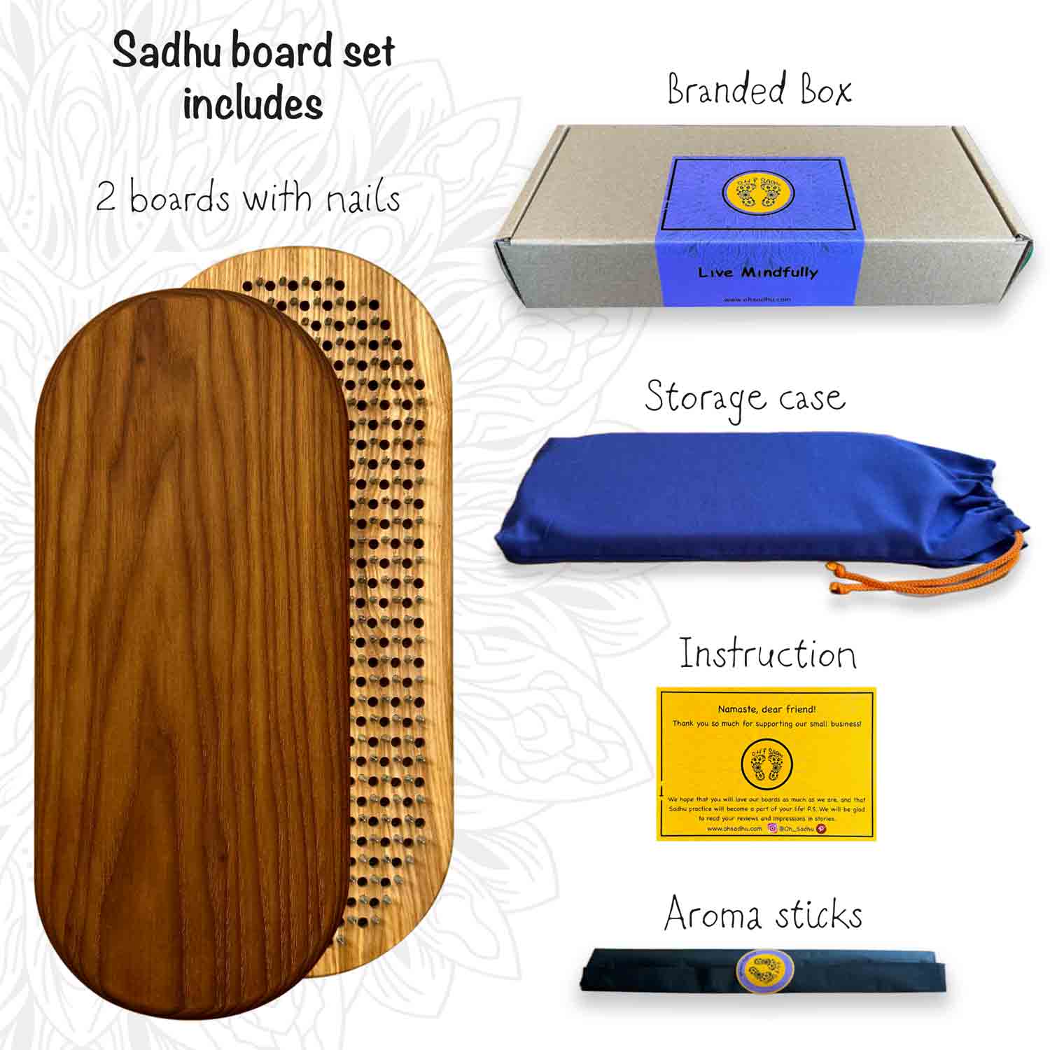 Sadhu board set with branded box, storage case, instruction manual, and aroma sticks on a white background.