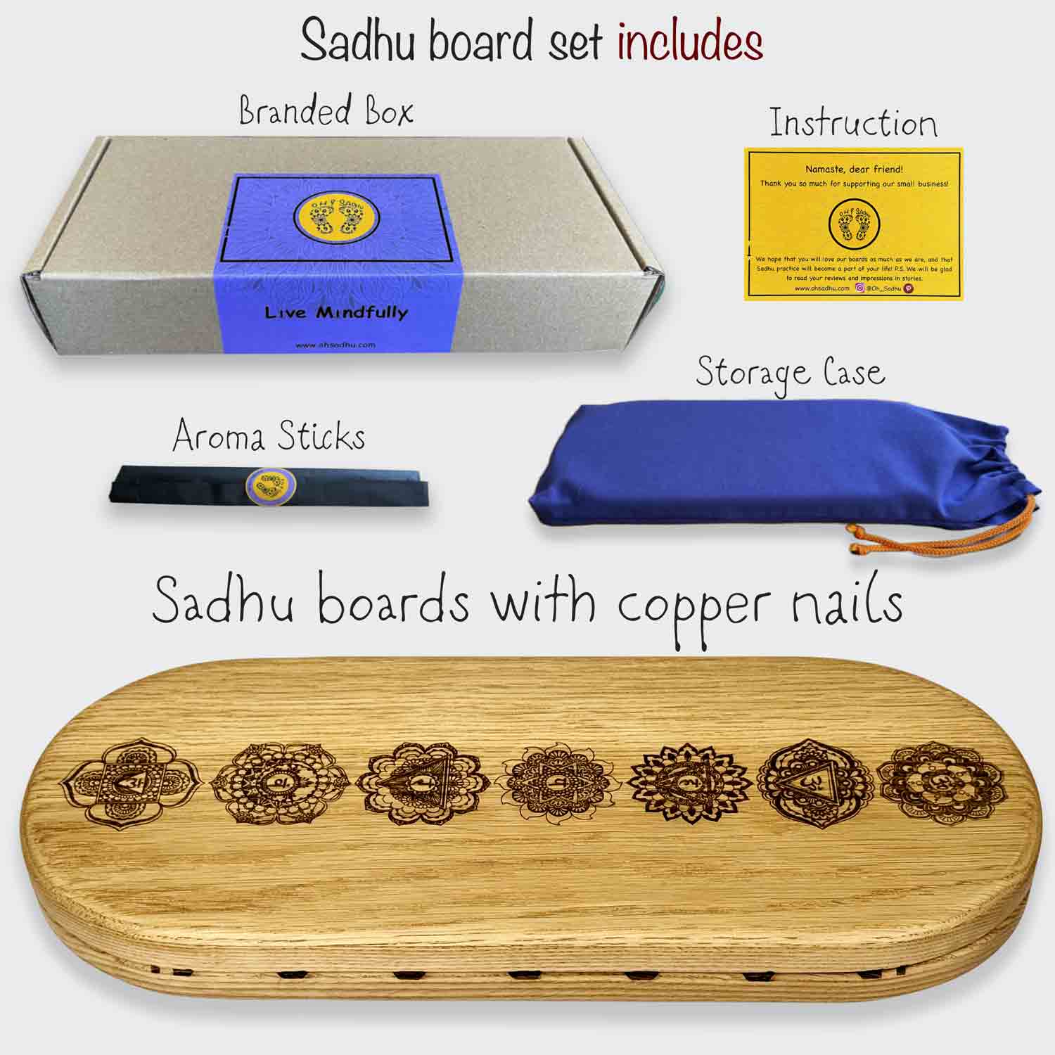 set of sadhu board with copper nails includes branded box, storage case, insturction manual, aroma sticks