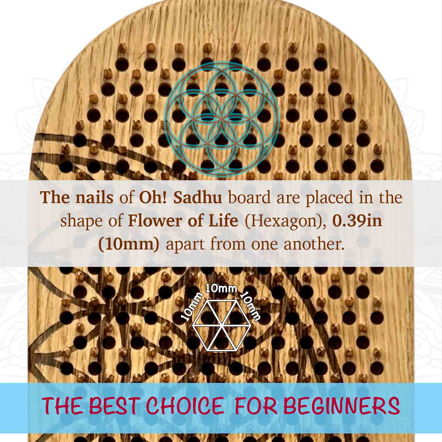 Sadhu board with copper nails for feet. Nails pattern is flower of life with 10mm step for beginners