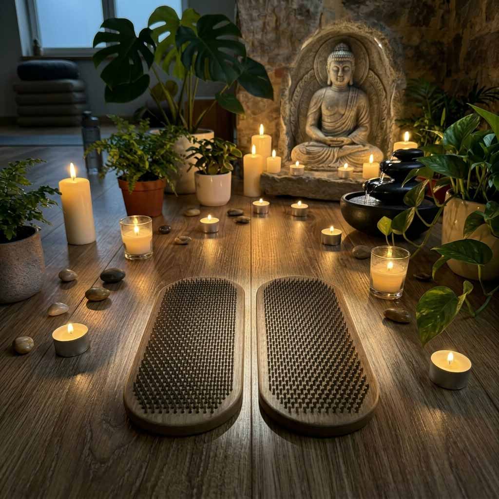Two oak wood yoga nail boards 8 mm on a wooden floor with candles, plants, and a Buddha statue in the background.