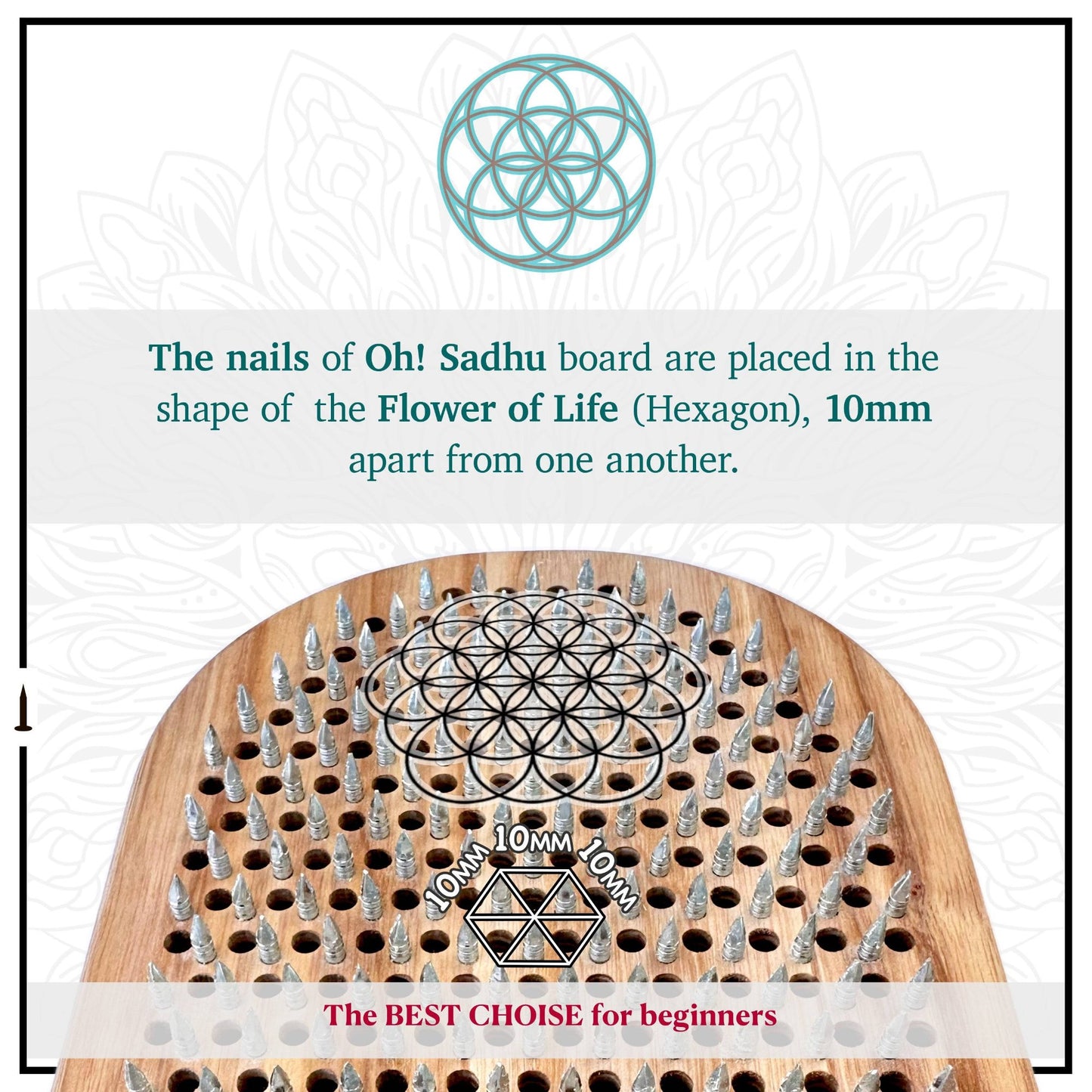Flower of life placed on wooden Sadhu board with nails