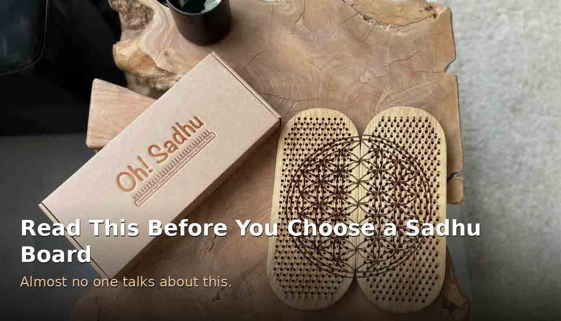 Oh! Sadhu box next to an oak sadhu board with copper nails engraved with a Flower of Life pattern, on a natural wood table.