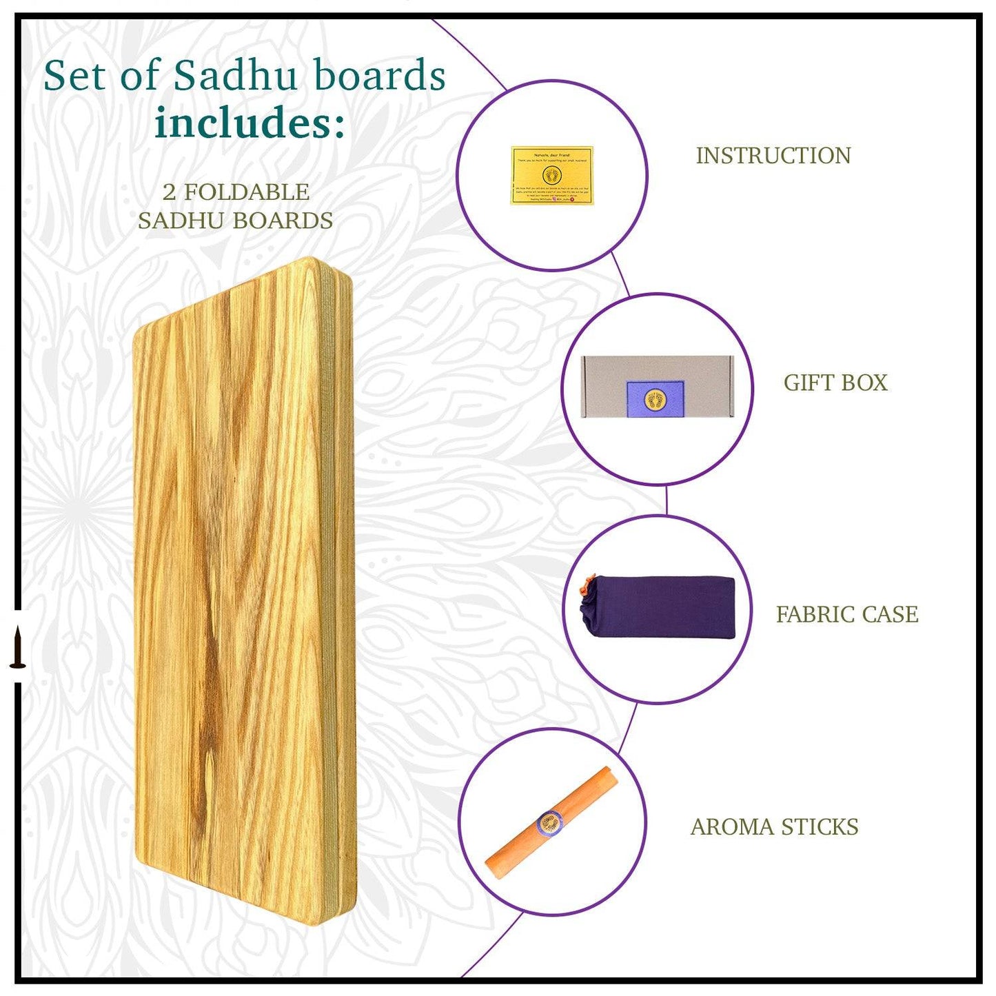 Sadhu board comes with instruction, gift box, fabric case, aroma sticks.