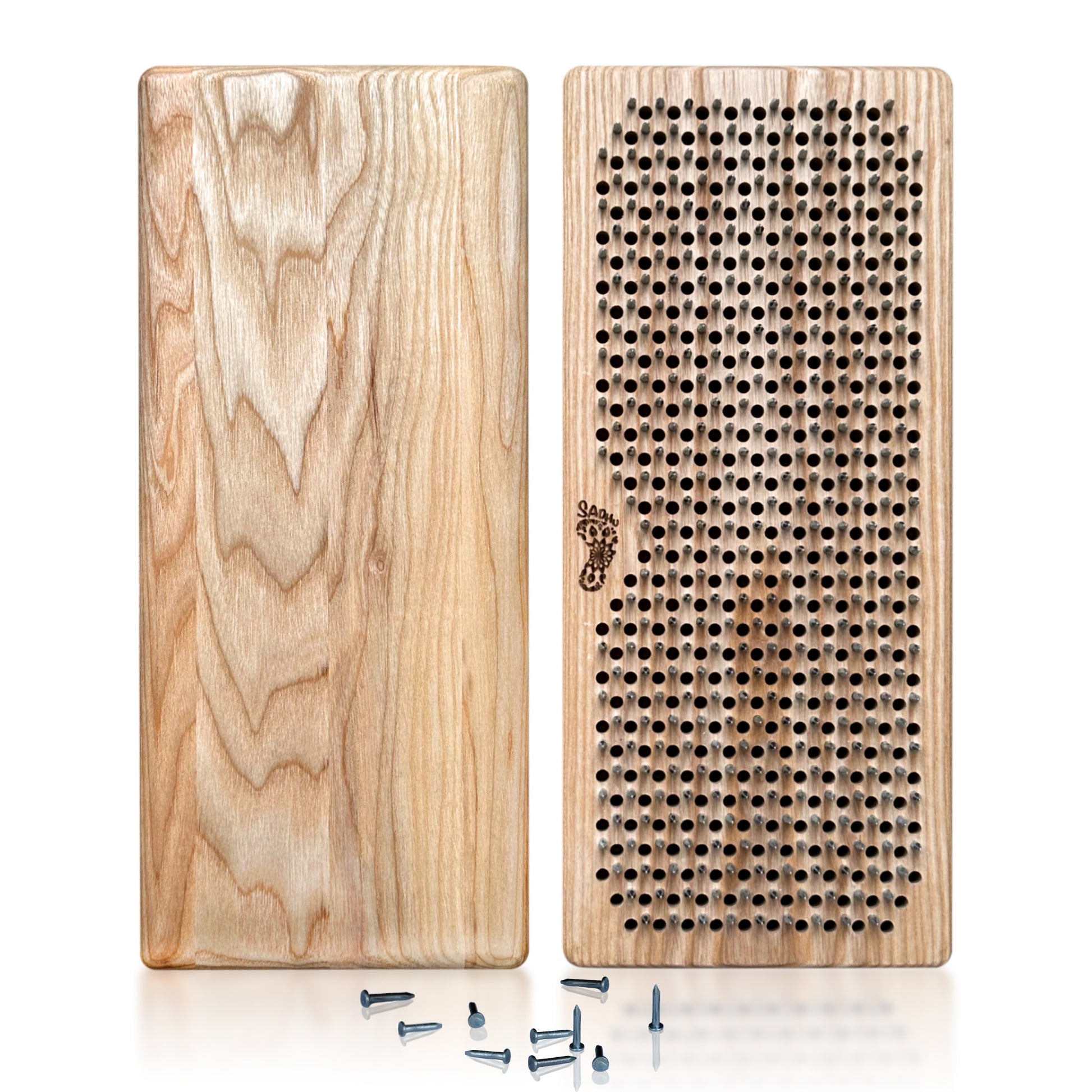wooden sadhu board with nails on white background