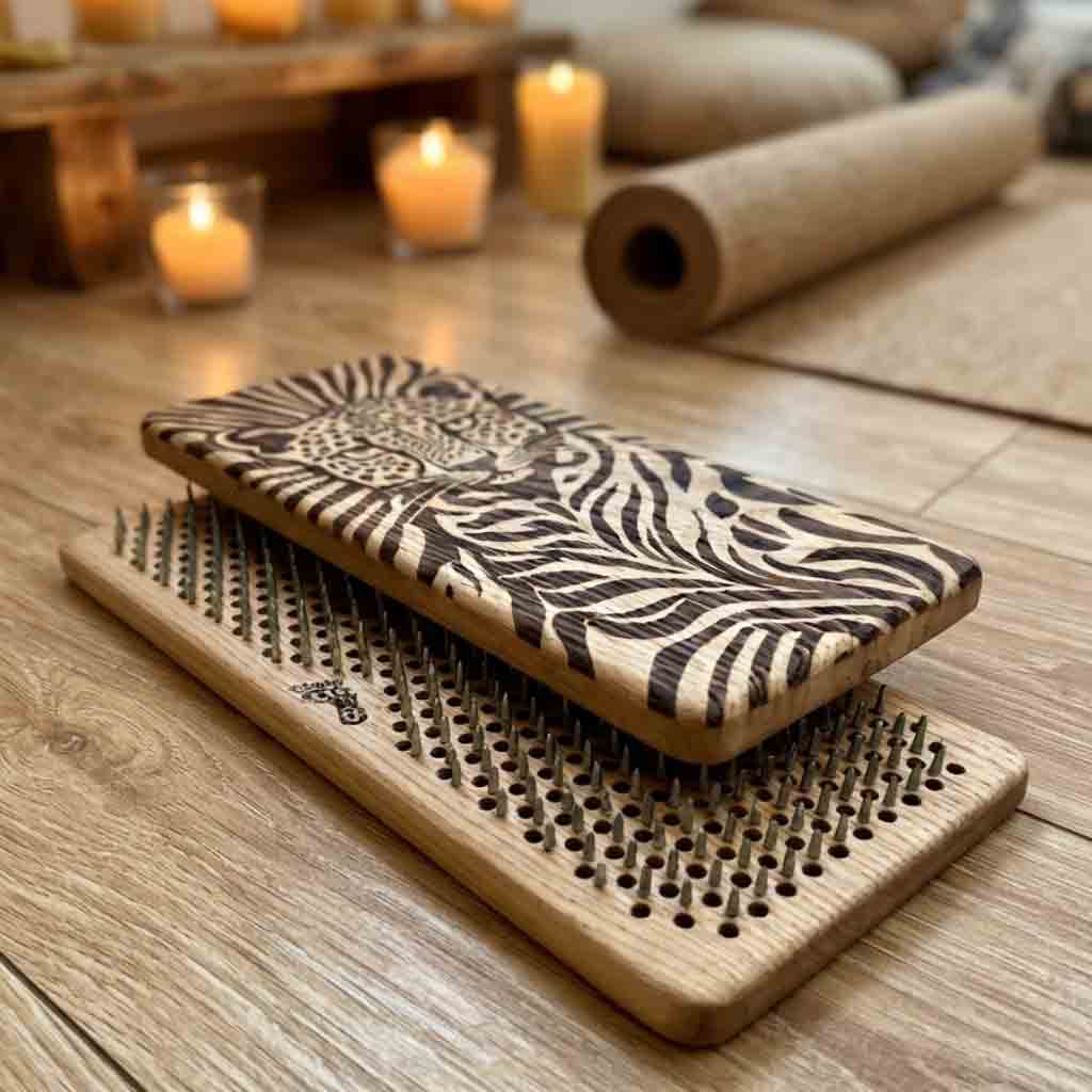 A wooden board with nails for feet with a cheetah face engraving, displayed on a wooden floor with candles and rolled mats in the background.