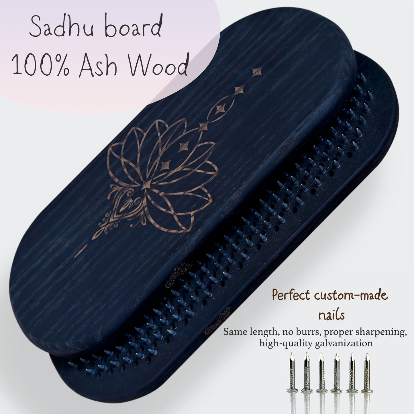 black ash wood sadhu nail board with lotos engraving