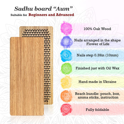 sadhu board with nails from oak wood with chakras and description about it.