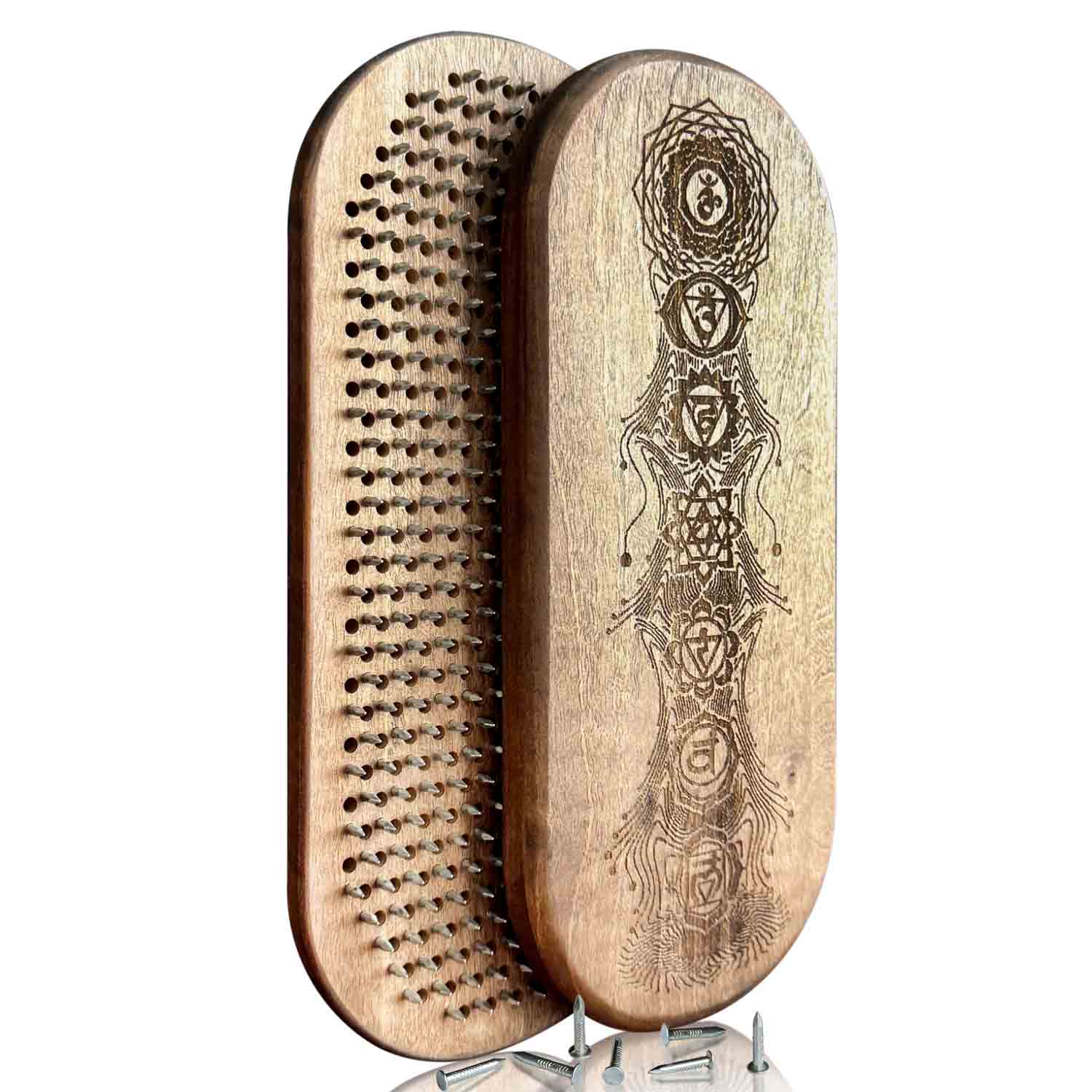 sadhu board for beginners made from natural walnut wood with galvanized nails for safe yoga practice. Engraved with 7 charas