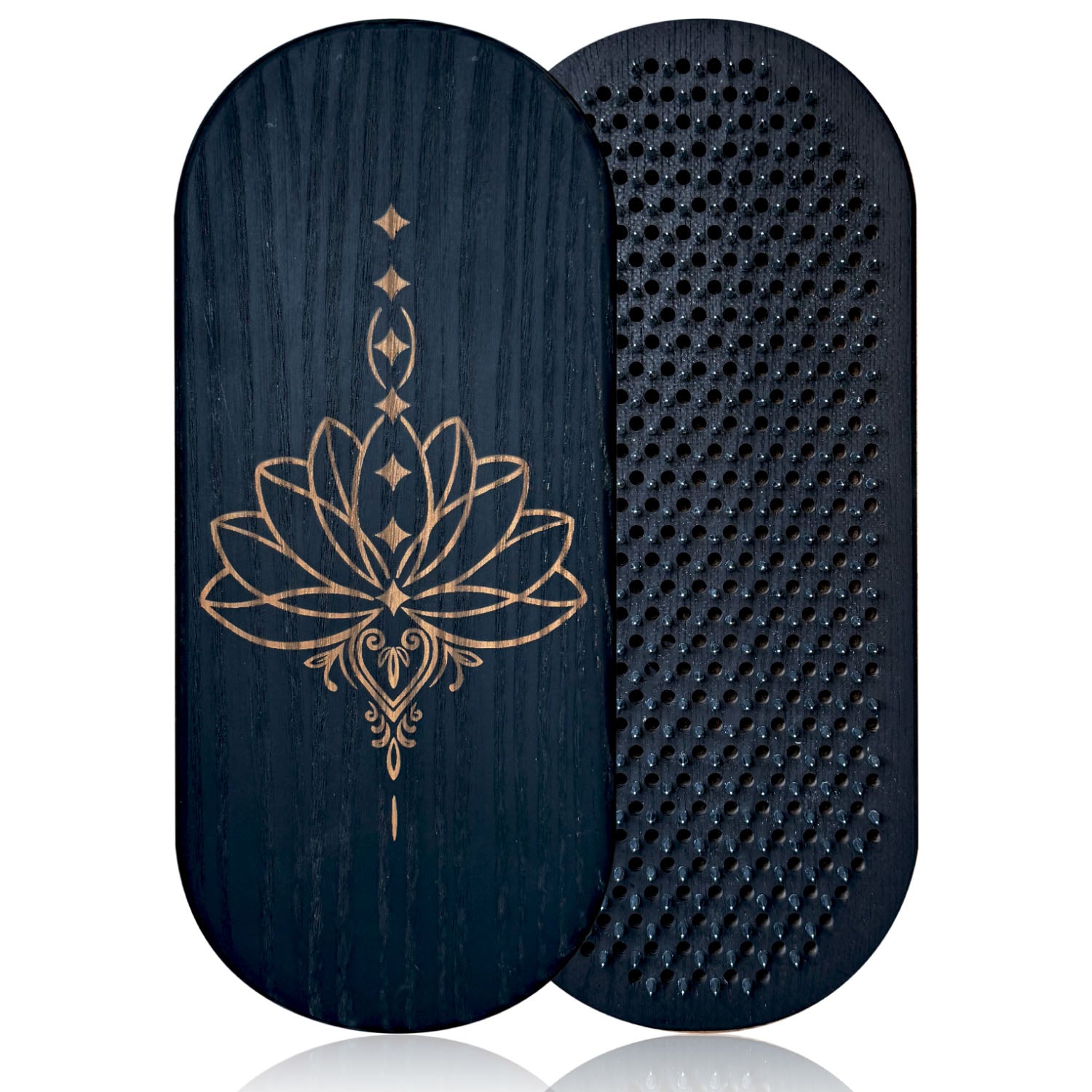 two sadhu nails boards in black color and lotos engraving. 