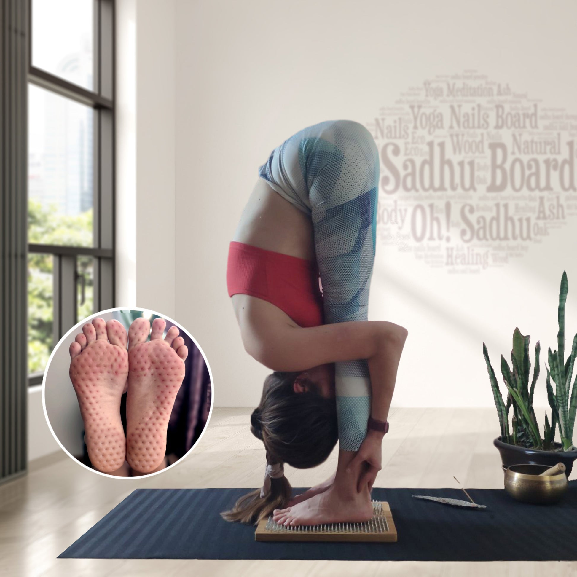 yoga girl standing on nails sadhu board