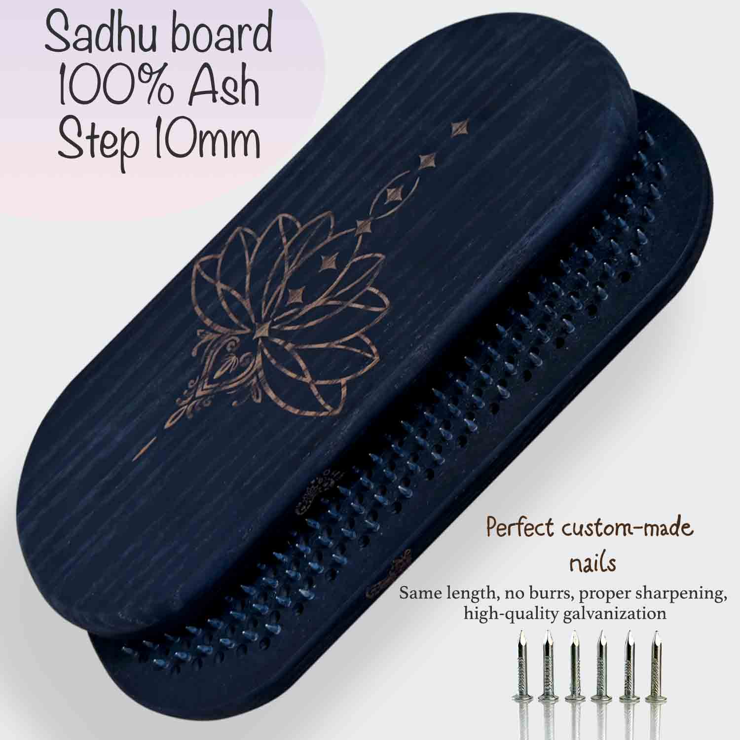 black ash wood sadhu nail board with lotos engraving