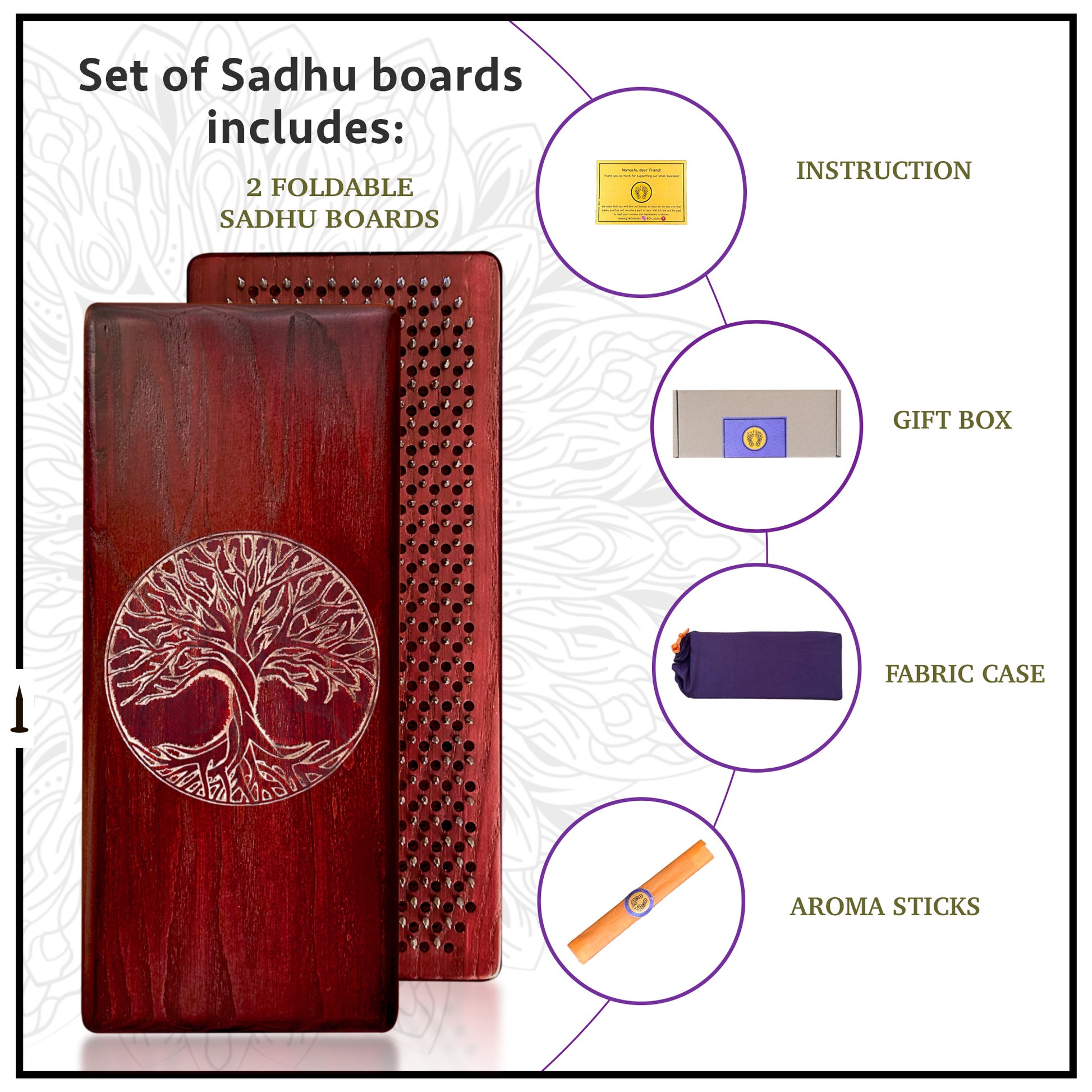 two burgundy sadhu boards with tree of life engraving. sadhu boards comes with box, pouch, aroa sticks and instruction