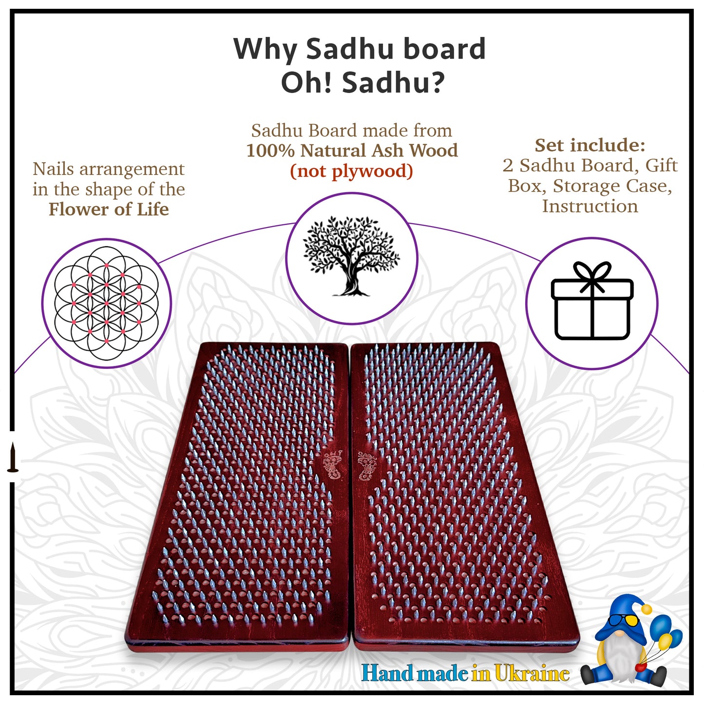 Two open sadhu boards with foot engraving inside. shows features of sadhu board like nails arrangement in flower of life, made from natural ash wood and reach set.