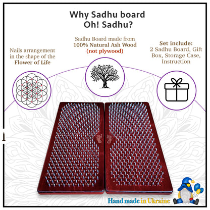 Two open sadhu boards with foot engraving inside. shows features of sadhu board like nails arrangement in flower of life, made from natural ash wood and reach set.