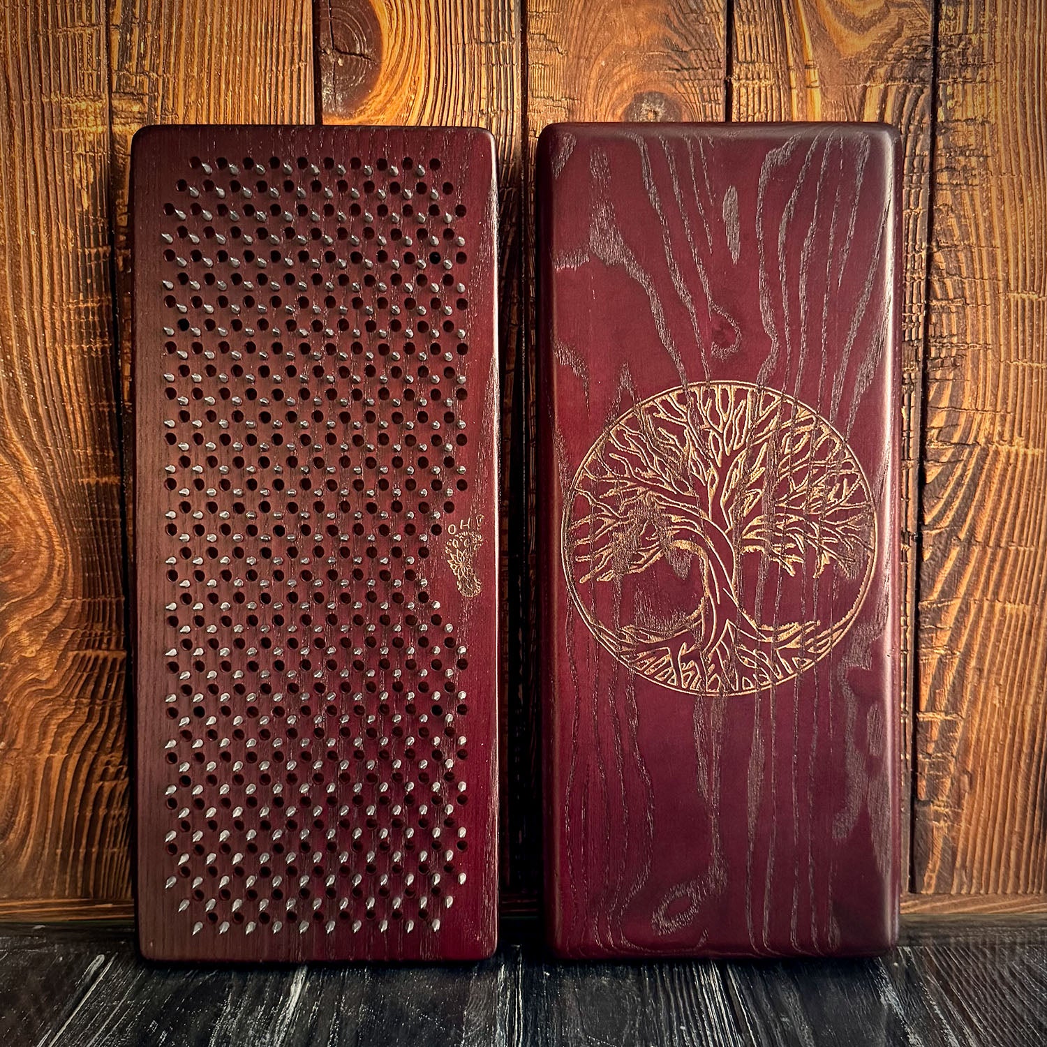 sadhu board with with nails in red color and with tree of life engraving