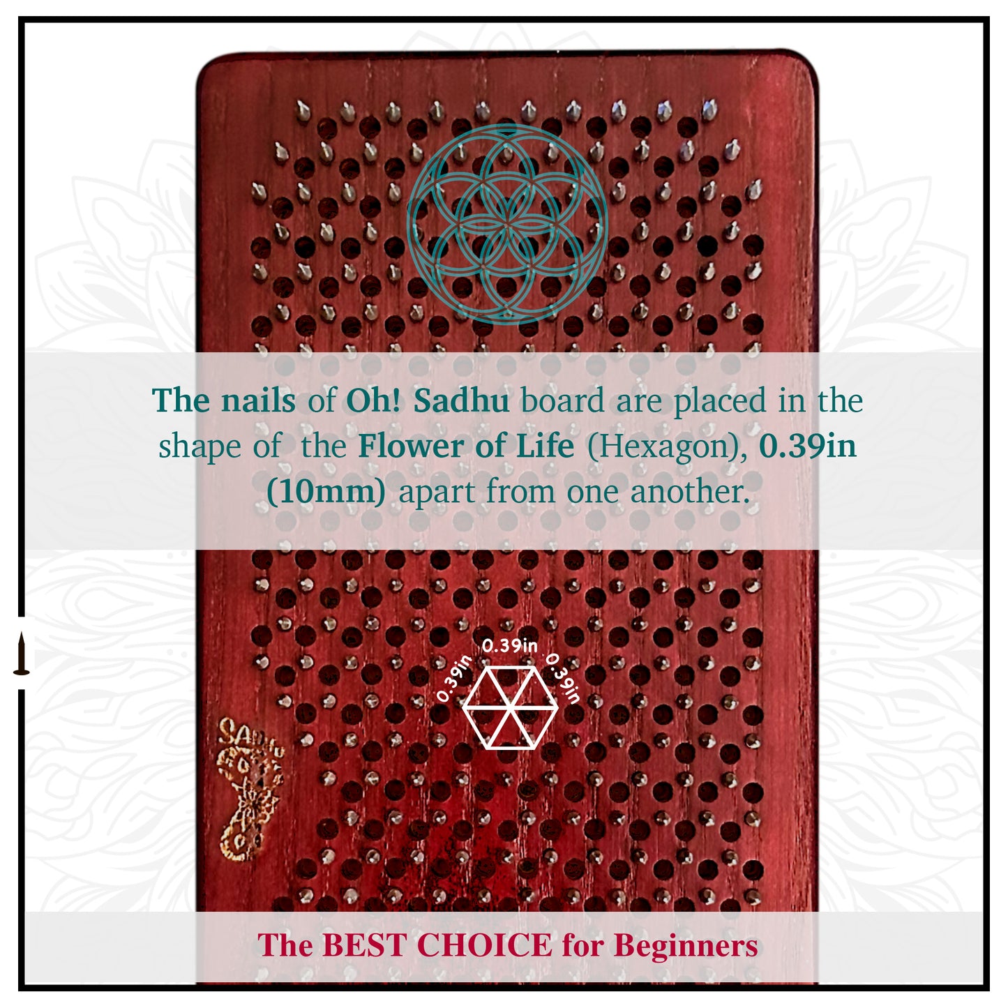 half of sadhu board with nails arranged in shape flower of life with step 0.39 inches. Best choice for beginners