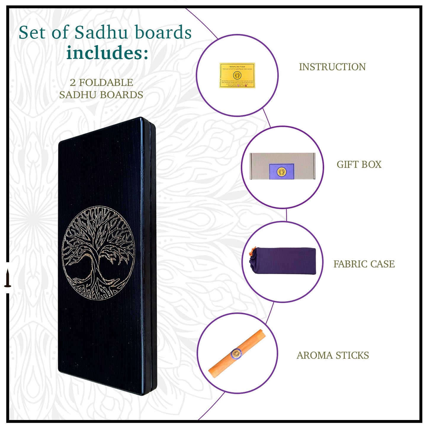 Set of sadhu boards included box, case, aroma sticks