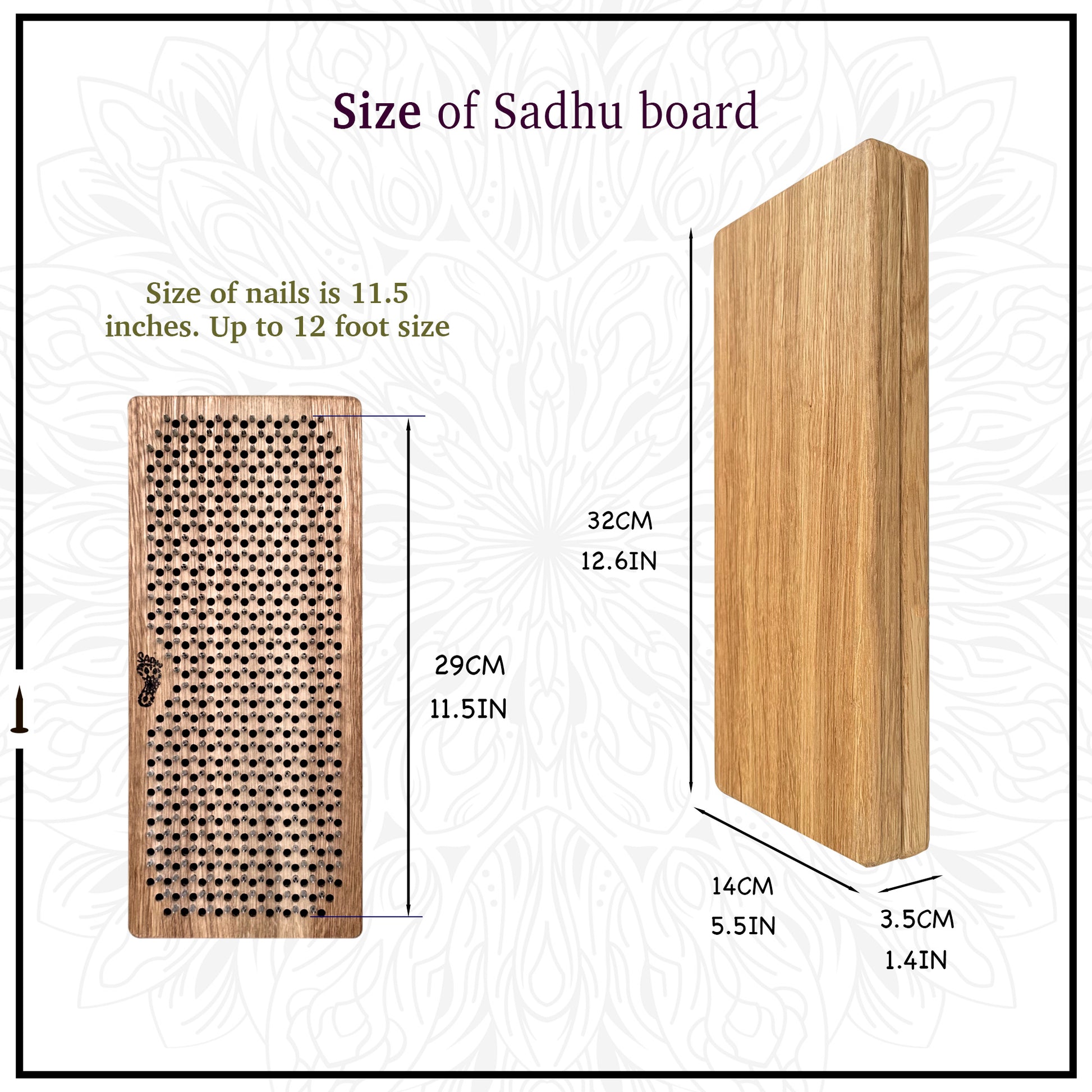 An image showing the dimensions of a Sadhu board, a wooden board with nails used for standing practices. The board’s dimensions are listed as 29 cm (11.5 inches) in height, 14 cm (5.5 inches) in width, and 3.5 cm (1.4 inches) in thickness. The nail height is 32 cm (12.6 inches), and the nails are suitable for up to a foot size of 12. The sadhu board is made of wood with an intricate pattern of nail holes on its surface.