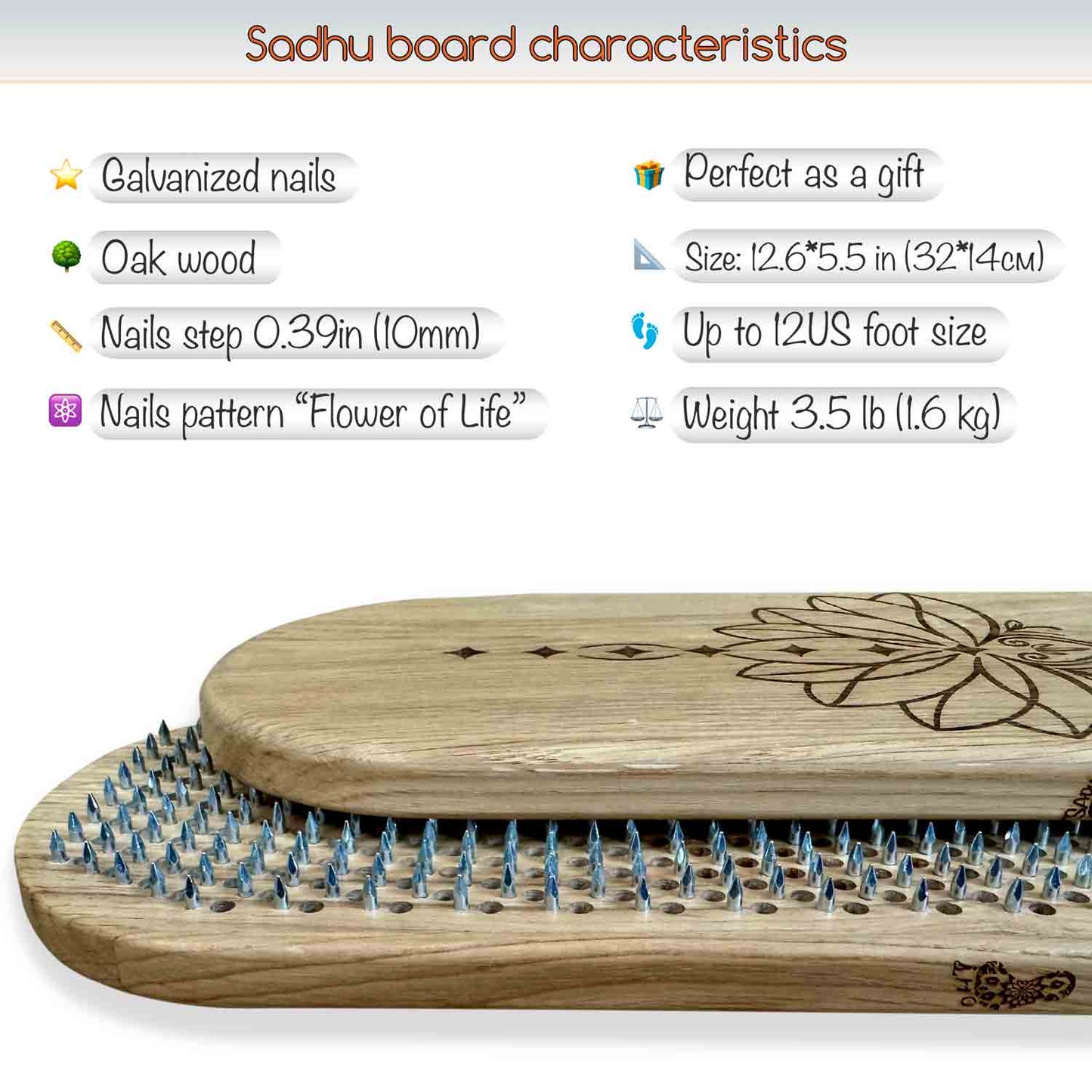 Wooden sadhu board with nails, featuring 'Sadhu board' characteristics on a white background.