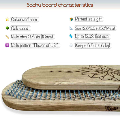 Wooden sadhu board with nails, featuring 'Sadhu board' characteristics on a white background.