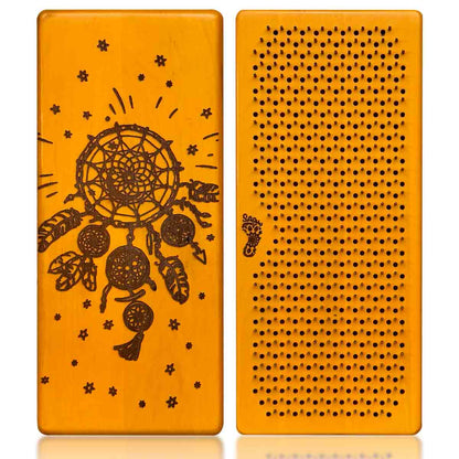 Two orange rectangular nail boards for feet with a dreamcatcher design on a white background.