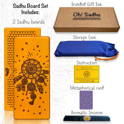 Sadhu Board Set with branded gift box, boards, storage case, instruction card, metaphoric card, and aromatic incense on a white background.