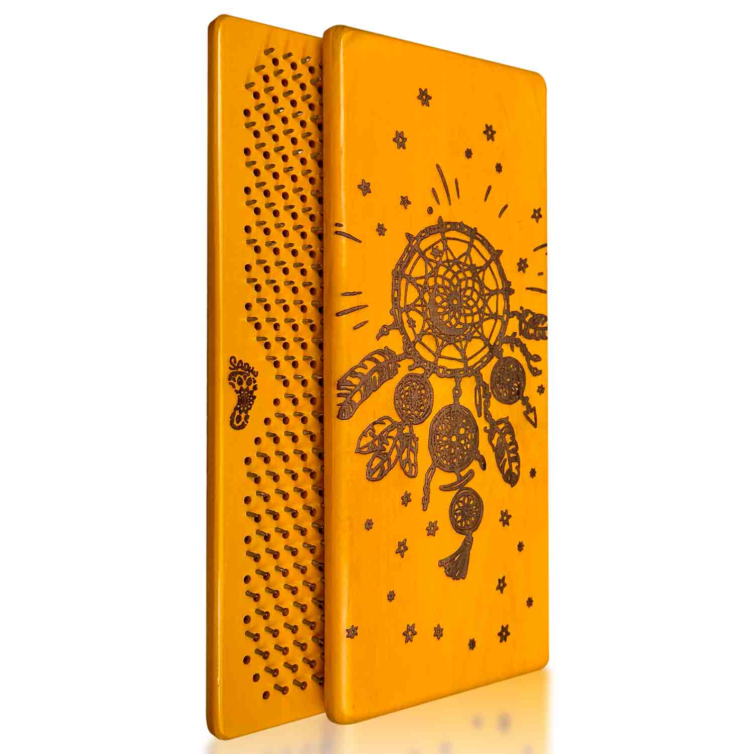 Two yellow nail boards with a dreamcatcher design on a white background