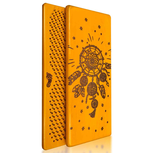Two yellow nail boards with a dreamcatcher design on a white background