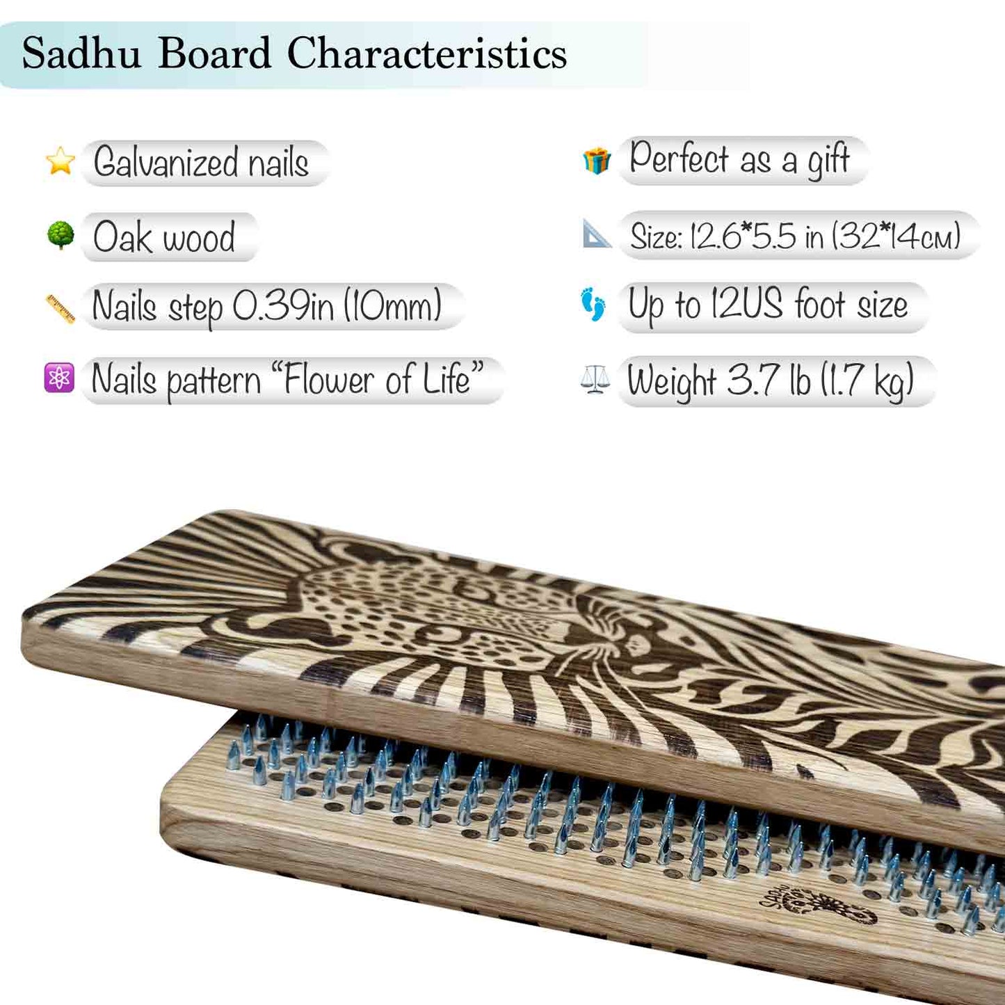 A wooden Sadhu Board with engraved cheetah patterns and zinc nails, shown on a white background with text listing features such as oak wood, galvanized nails, and size up to 12US.