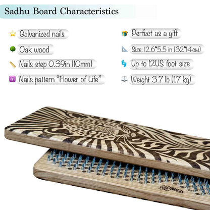 A wooden Sadhu Board with engraved cheetah patterns and zinc nails, shown on a white background with text listing features such as oak wood, galvanized nails, and size up to 12US.