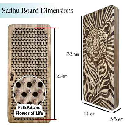 A dimension diagram for an oak wood Sadhu board with a cheetah face engraving and showing side with nails for standing . The image includes measurements: 32 cm height, 14 cm width, and 3.5 cm.