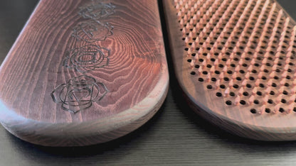 sadhu board with copper nails for yoga. Made from thermo ash in natural deep brown color. sadhu board 10 mm step between nails. Chakras engraving outside and flower of life engraving inside.