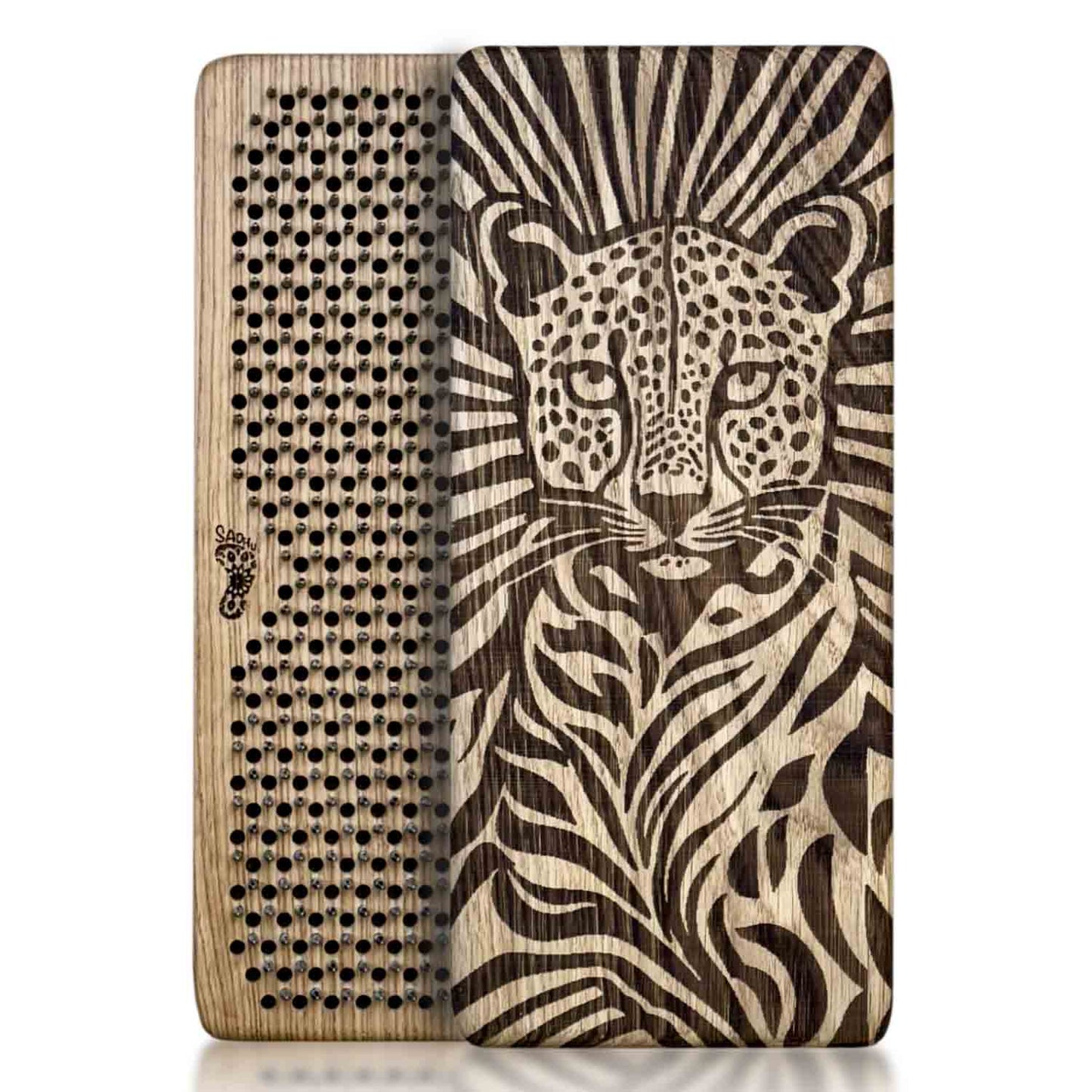 A rectangular oak wood Sadhu board featuring a detailed laser-engraved cheetah on one side and a Flower of Life nails pattern on the other.
