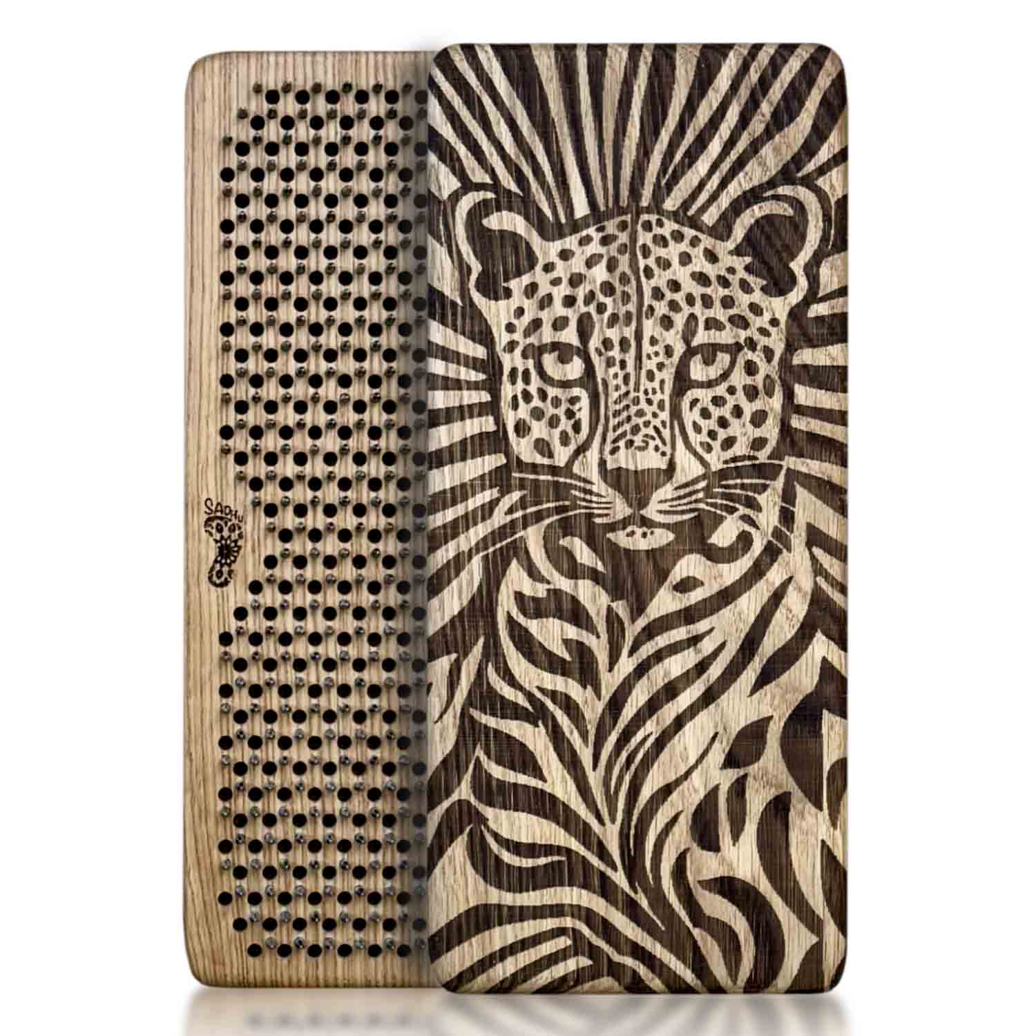 A rectangular oak wood Sadhu board featuring a detailed laser-engraved cheetah on one side and a Flower of Life nails pattern on the other.