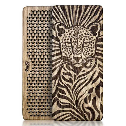 A rectangular oak wood Sadhu board featuring a detailed laser-engraved cheetah on one side and a Flower of Life nails pattern on the other.