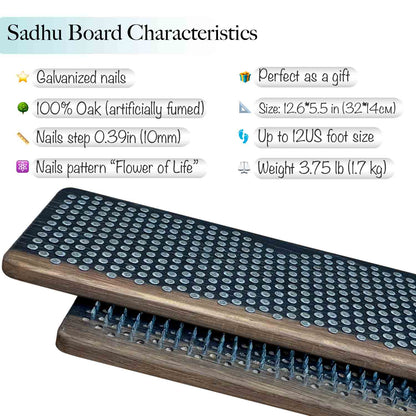 Wooden board with nails and product characteristics listed on a white background