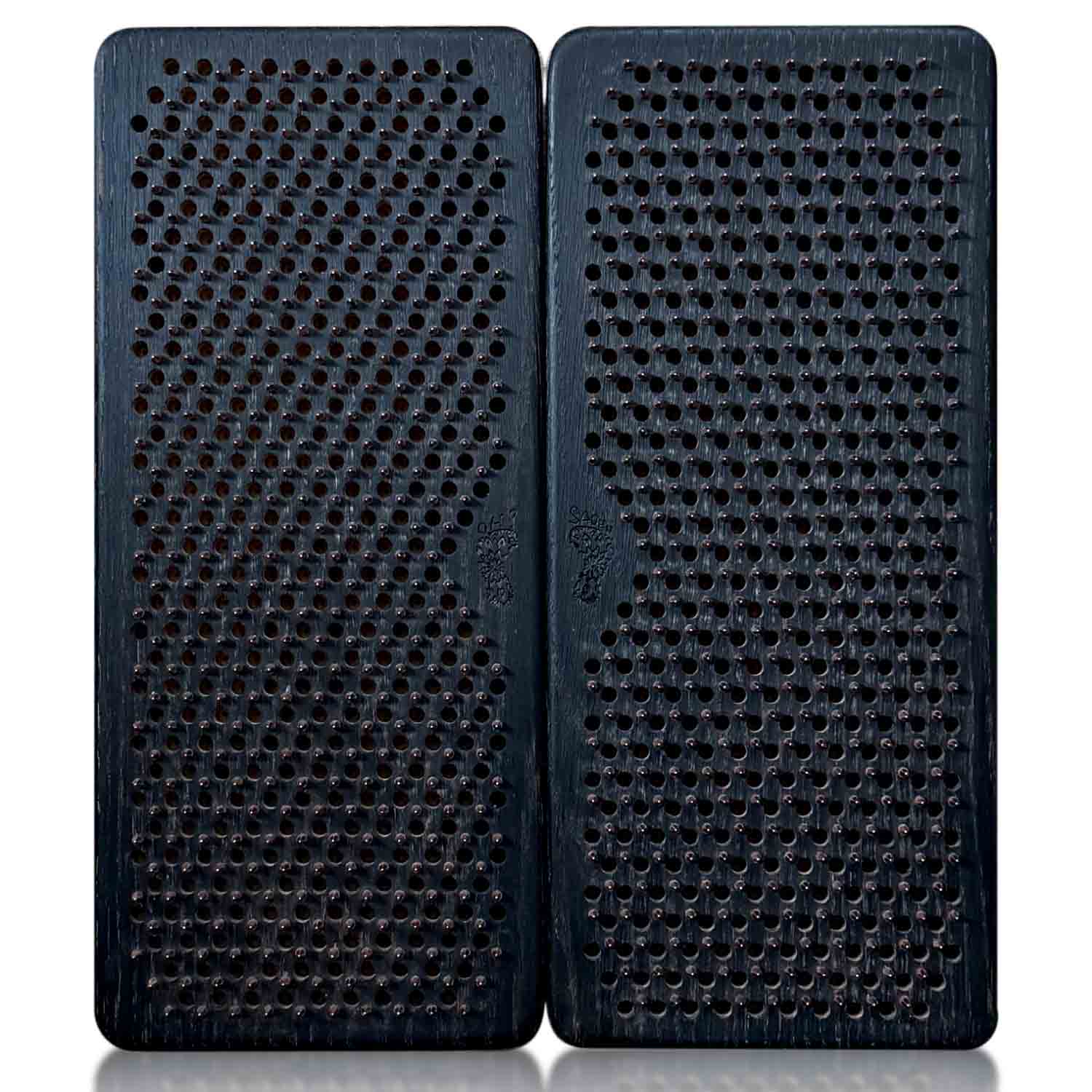 Two black Sadhu boards for beginners with copper nails, step 10mm, on a white background
