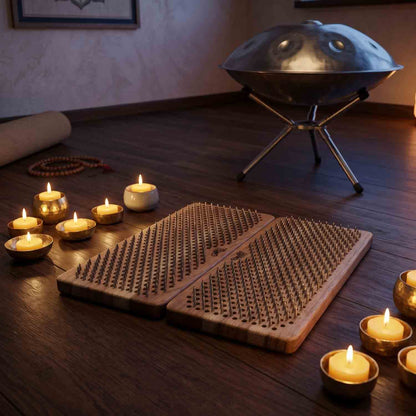 Handpan drum with wooden sadhu boards nails and candles on a wooden floor