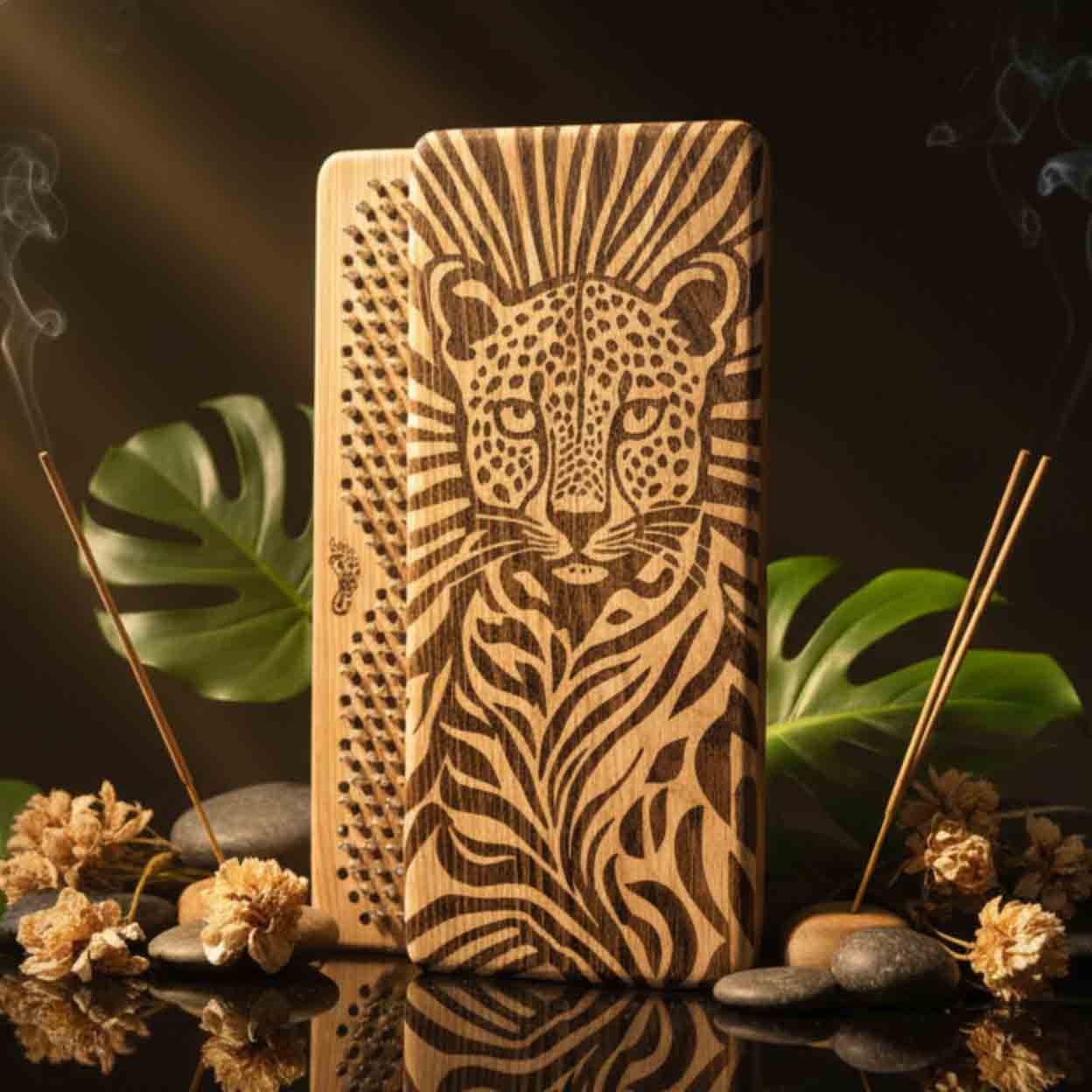 A rectangular Sadhu board made from oak wood with nails and with a engraved leopard face design stands upright on a reflective surface, surrounded by green leaves, dried flowers, stones, and incense sticks in a dark styled setting.