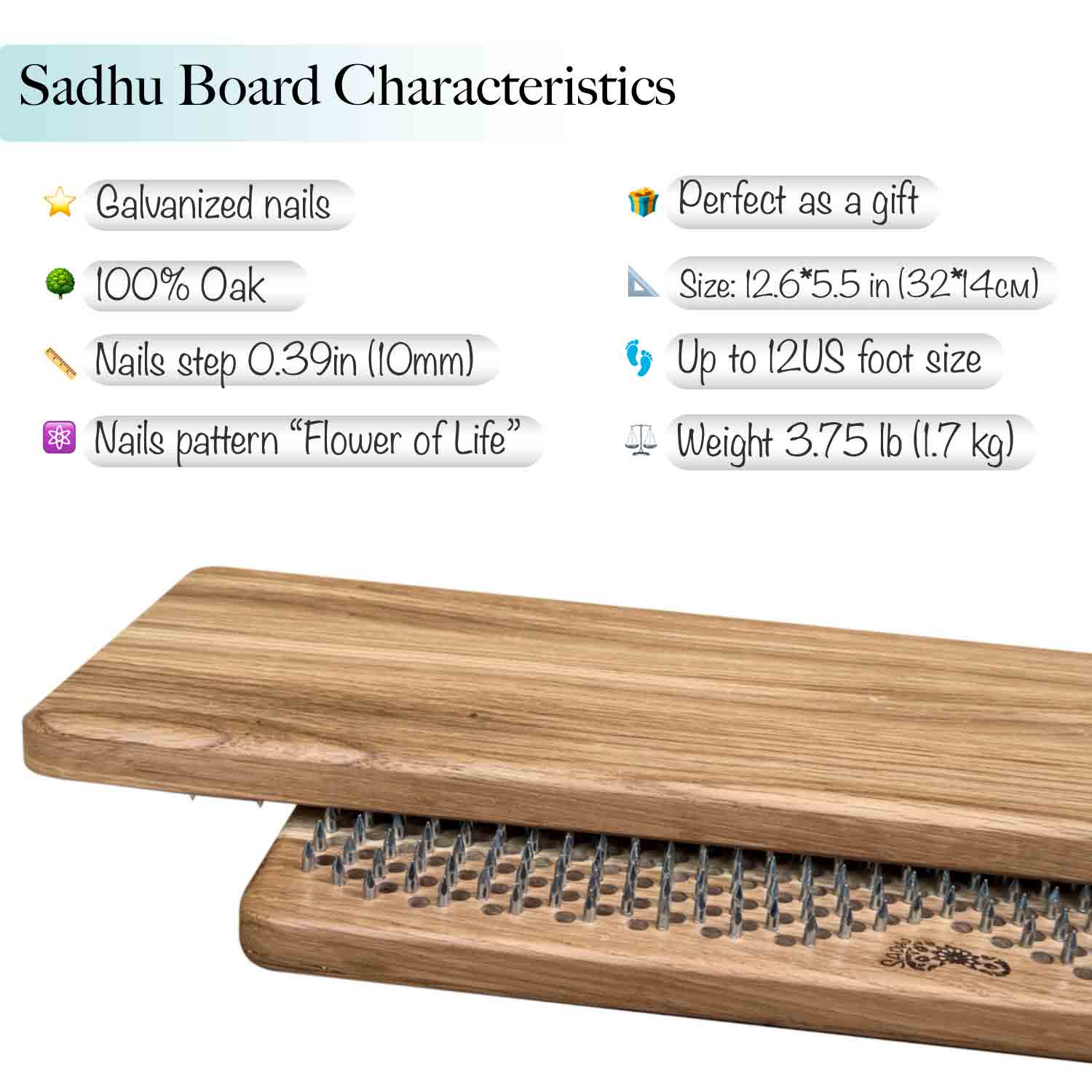 Oak Sadhu board with nails and specifications listed on a white background