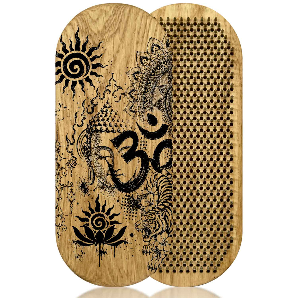 Oak wood sadhu board with nails, featuring engraved black designs of Buddha, an Om symbol, a sun, a lotus flower, and a tiger, alongside a textured section of raised pins on the right side.
