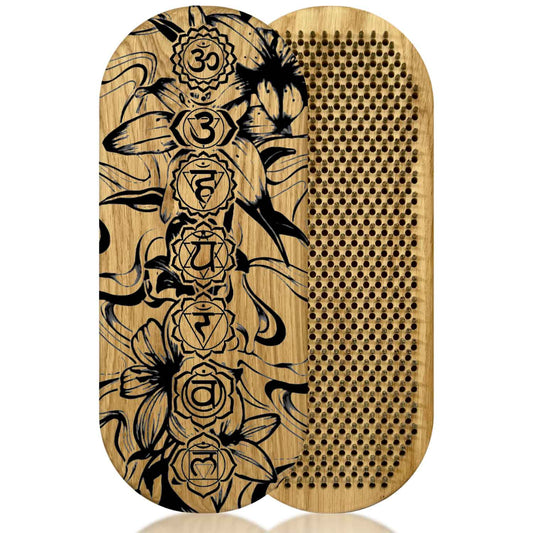 two sides of sadhu board for beginners made from oak with engraving of chakras with flowers and other side with nails arranged in Flower of Life pattern with step 8mm.
