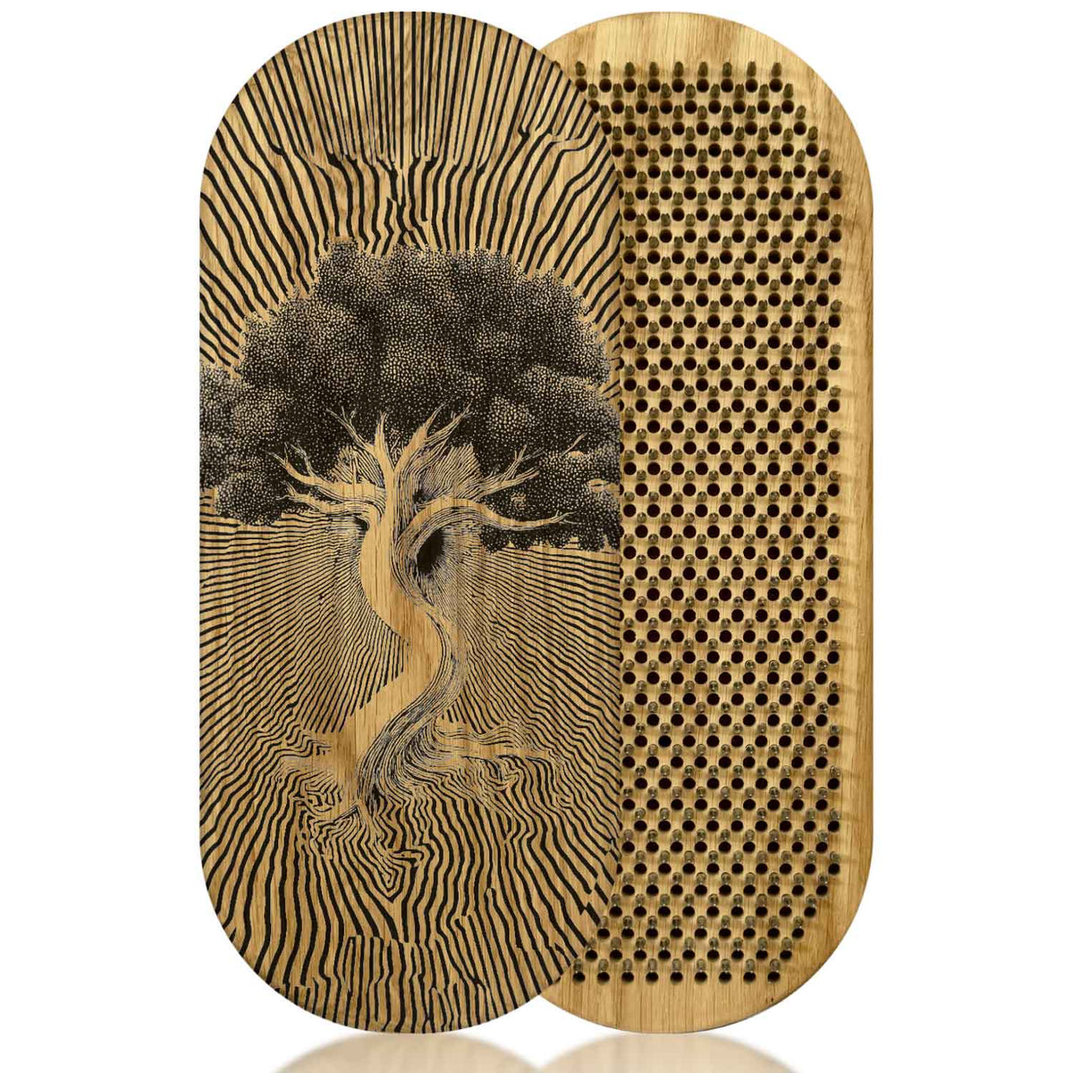 A wooden sadhu boards for beginners with two sides shown: one side features an intricate black line-art illustration of a tree, and the other side displays nails in flower of life pattern with step 8mm, all set against a clean white background.