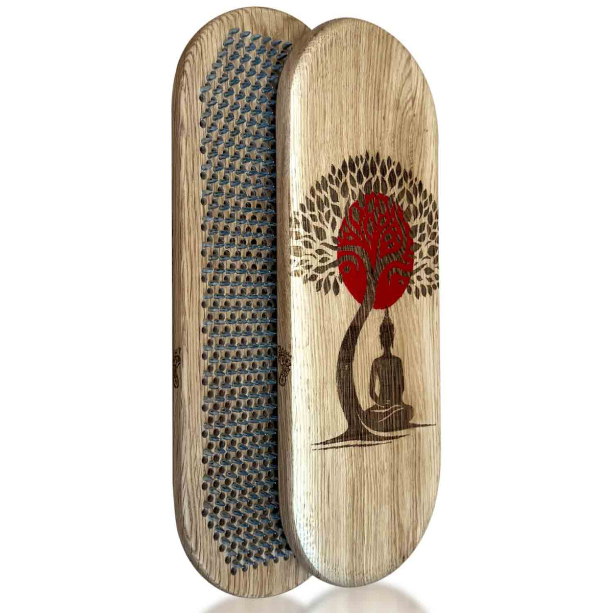 Side view of two sadhu boards with nails step 8 mm for beginners, made from oak with Buddha with bodhi tree engraving and red sun on white background.