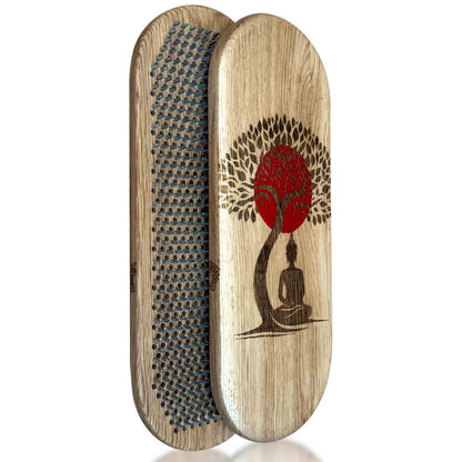 Side view of two sadhu boards with nails step 8 mm for beginners, made from oak with Buddha with bodhi tree engraving and red sun on white background.