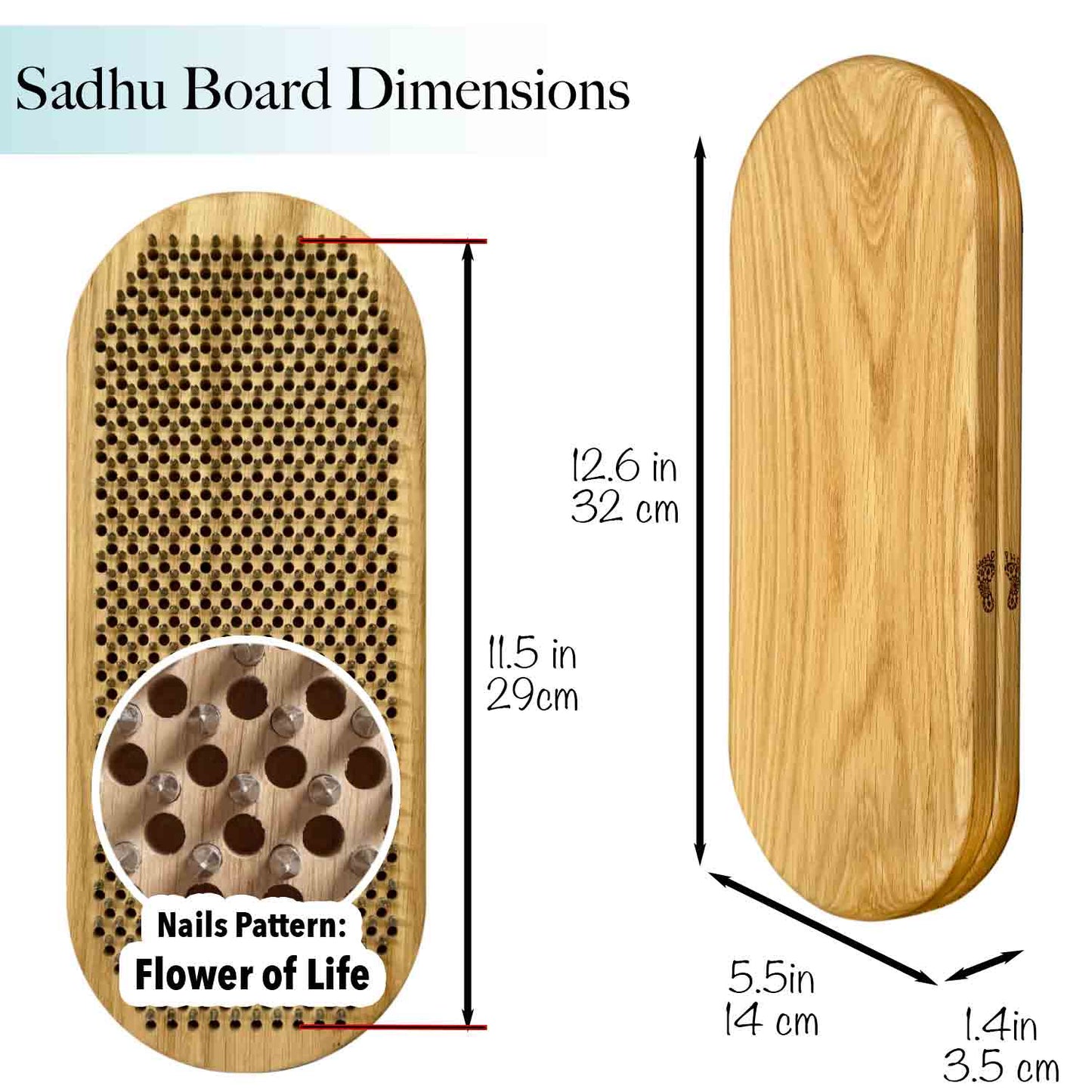 Wooden Sadhu Board with dimensions and nail pattern details on a white background