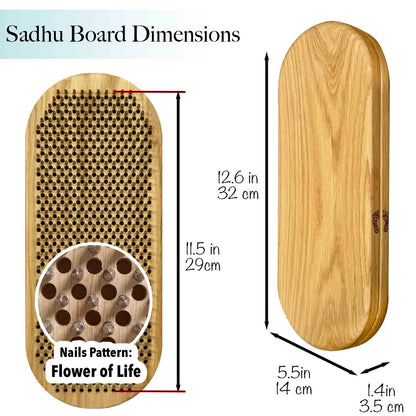 Wooden Sadhu Board with dimensions and nail pattern details on a white background